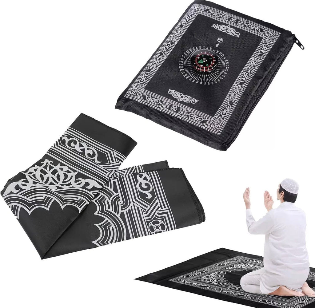 TRAVEL POCKET PRAYER MAT RUG JA NAMAZ WITH QIBLA KAABA COMPASS IN POUCH UK