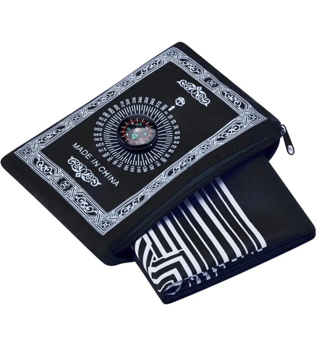 TRAVEL POCKET PRAYER MAT RUG JA NAMAZ WITH QIBLA KAABA COMPASS IN POUCH UK