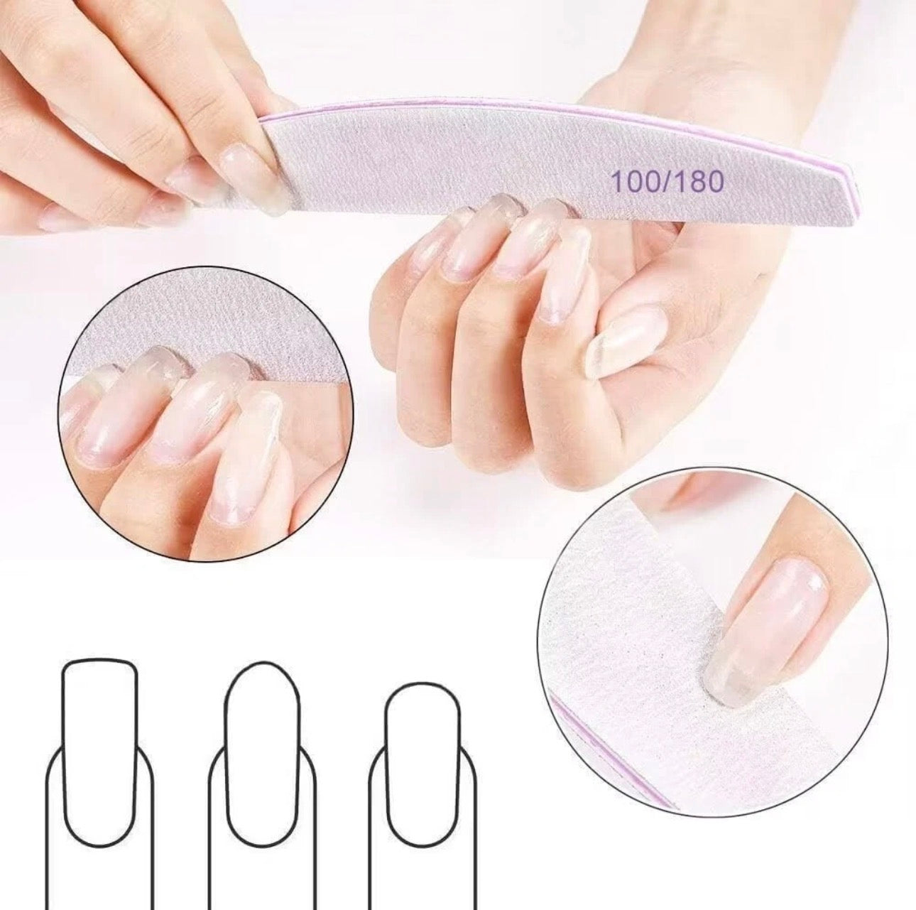 10x Professional Nail Files 100/180 Grit Half Moon Emery Board Buffer File Set