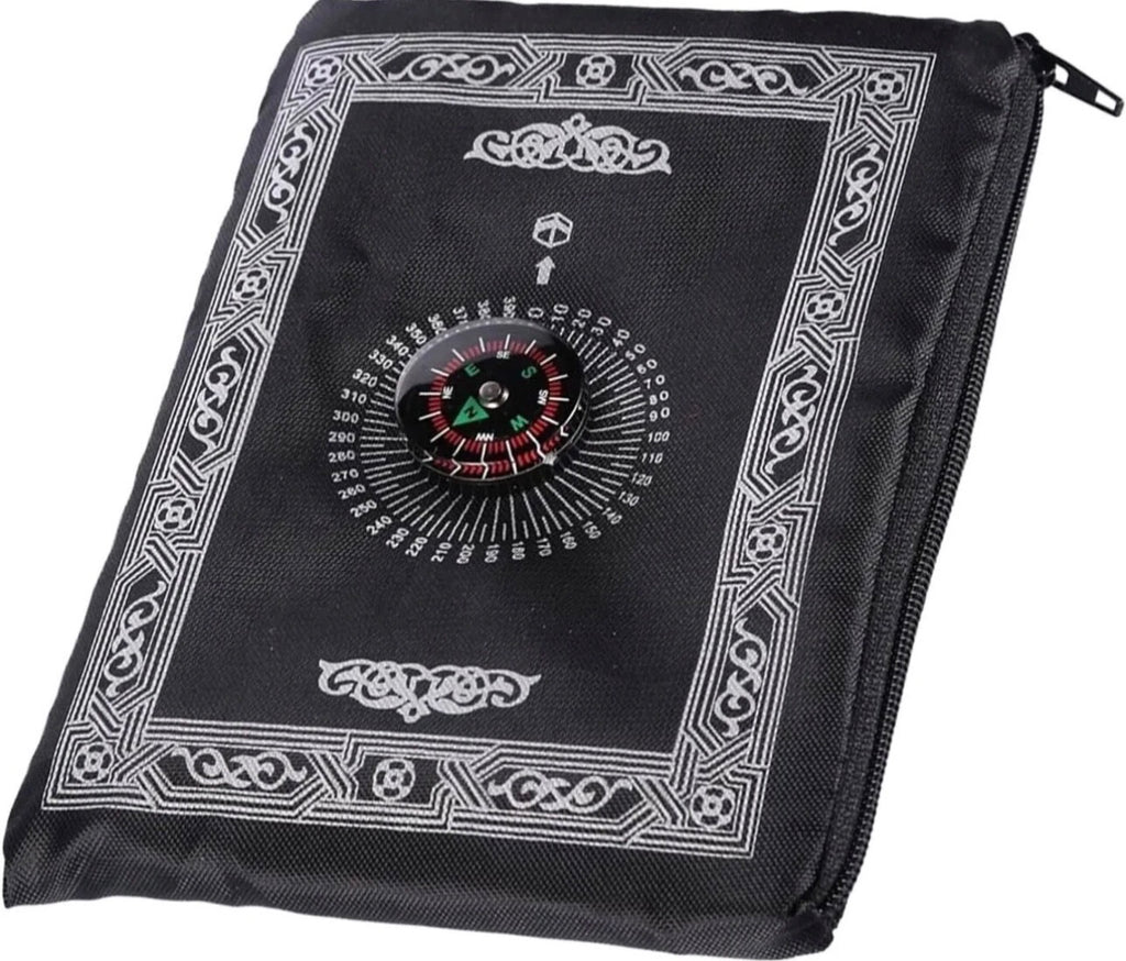 TRAVEL POCKET PRAYER MAT RUG JA NAMAZ WITH QIBLA KAABA COMPASS IN POUCH UK