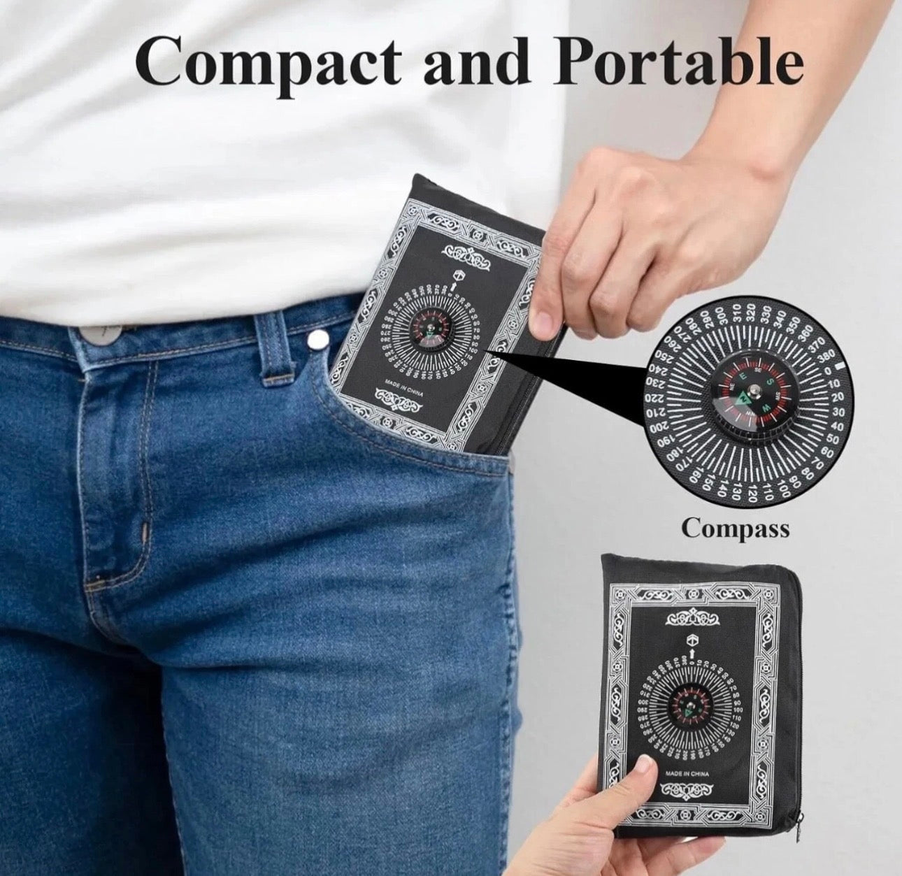 TRAVEL POCKET PRAYER MAT RUG JA NAMAZ WITH QIBLA KAABA COMPASS IN POUCH UK